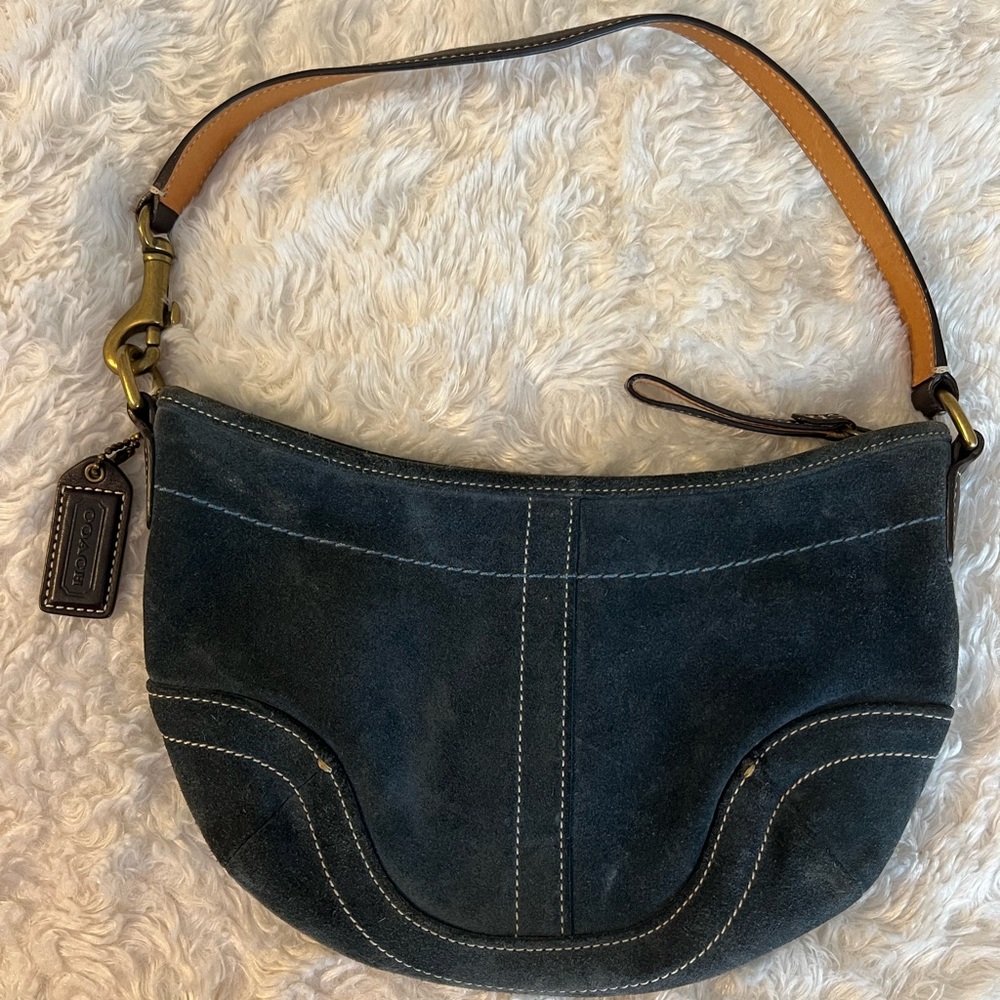 Coach Blue Suede Shoulder Hobo with Tan Strap Y2K Coach shoulder bag